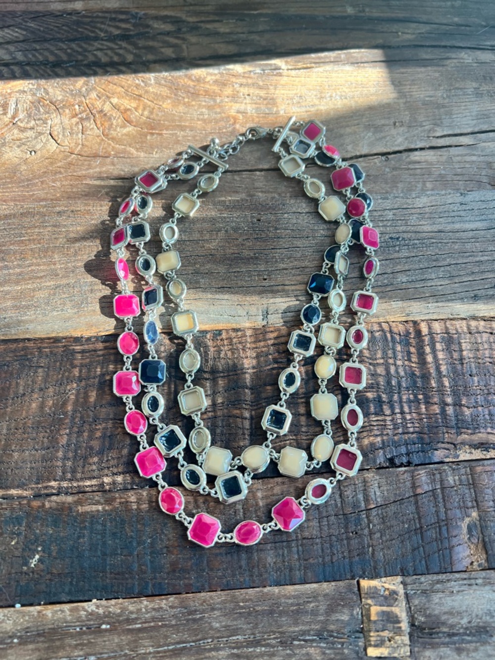 Multi-Row Gemstone Statement Necklace - VTG -Pink, Black & Cream